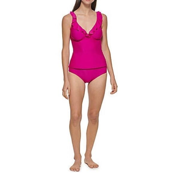 ☀️☀️☀️ DKNY FUSCIA Ruffle Tankini with Full Coverage Bottom - Picture 5 of 12